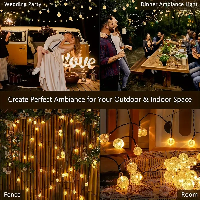 Guirnalda de luces solares para exteriores, 100 luces LED de cristal en forma de globo