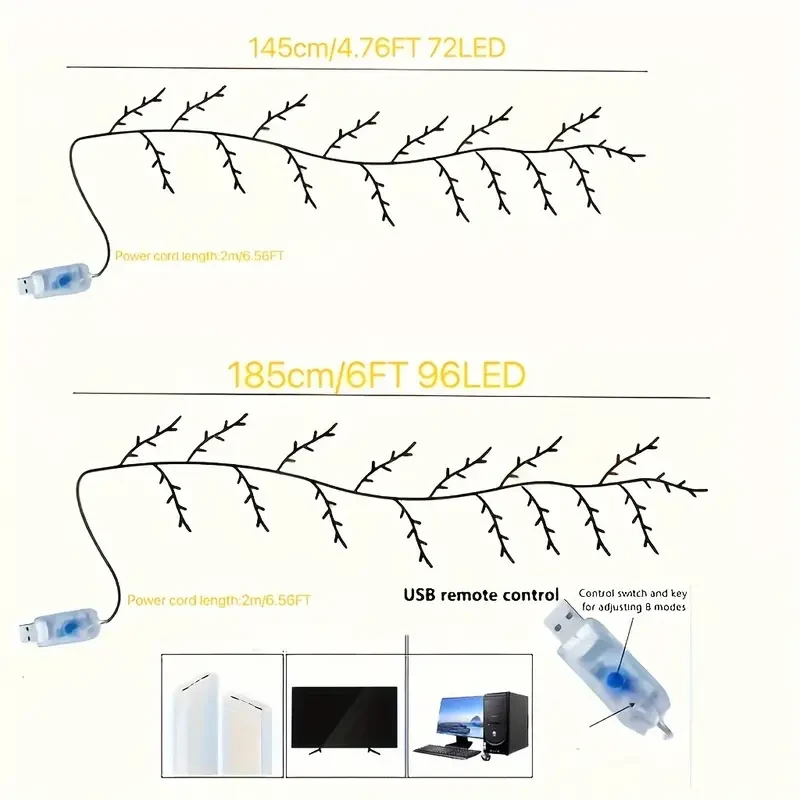 Luces LED flexibles de sauce, luz de abedul blanco, luz decorativa de ratán con 8 modos