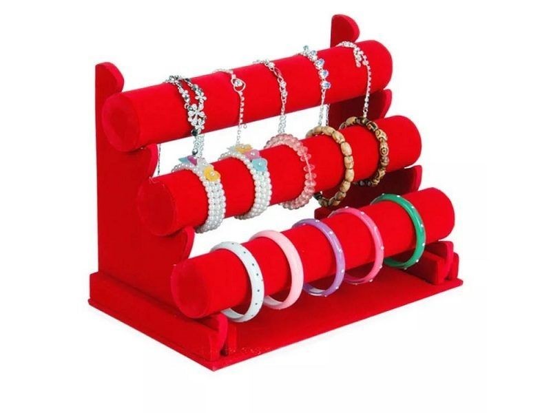 Expositor de terciopelo de 3 niveles para relojes y pulseras - ROJO