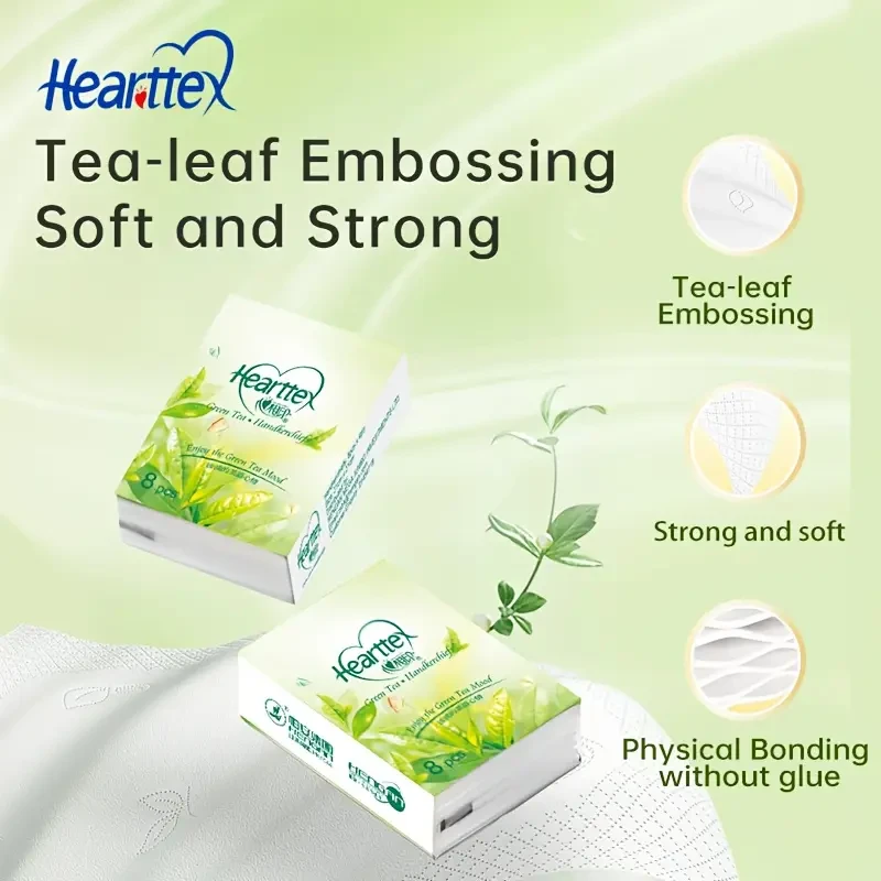 Papel de seda Hearttex Premium de 4 capas, aroma a té verde, 8 unidades/bolsa, 10 bolsas/paquete. Tamaño grande (mm*mm), súper resistente y suave, de alta calidad, 100 % pulpa virgen, tratamiento de alta temperatura, sin OBA.