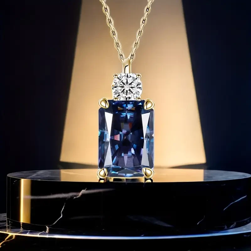 Collar con colgante de plata de ley 925 bañado en oro de 18 quilates y moissanita sintética. Elegante joya para mujer y hombre, diseño italiano.