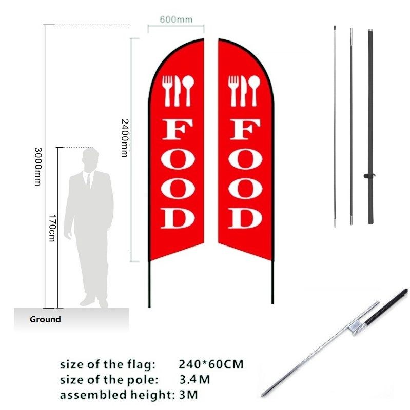Bandera de plumas "FOOD" de 3,4 m, juego de brocas de doble cara