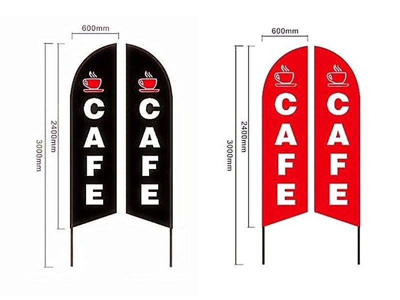Bandera comercial de plumas de 3,4 m con letrero de doble cara para cafetería