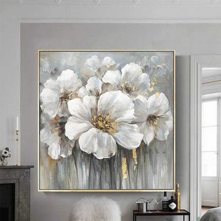 Pintura al óleo de pared de flores blancas sin marco