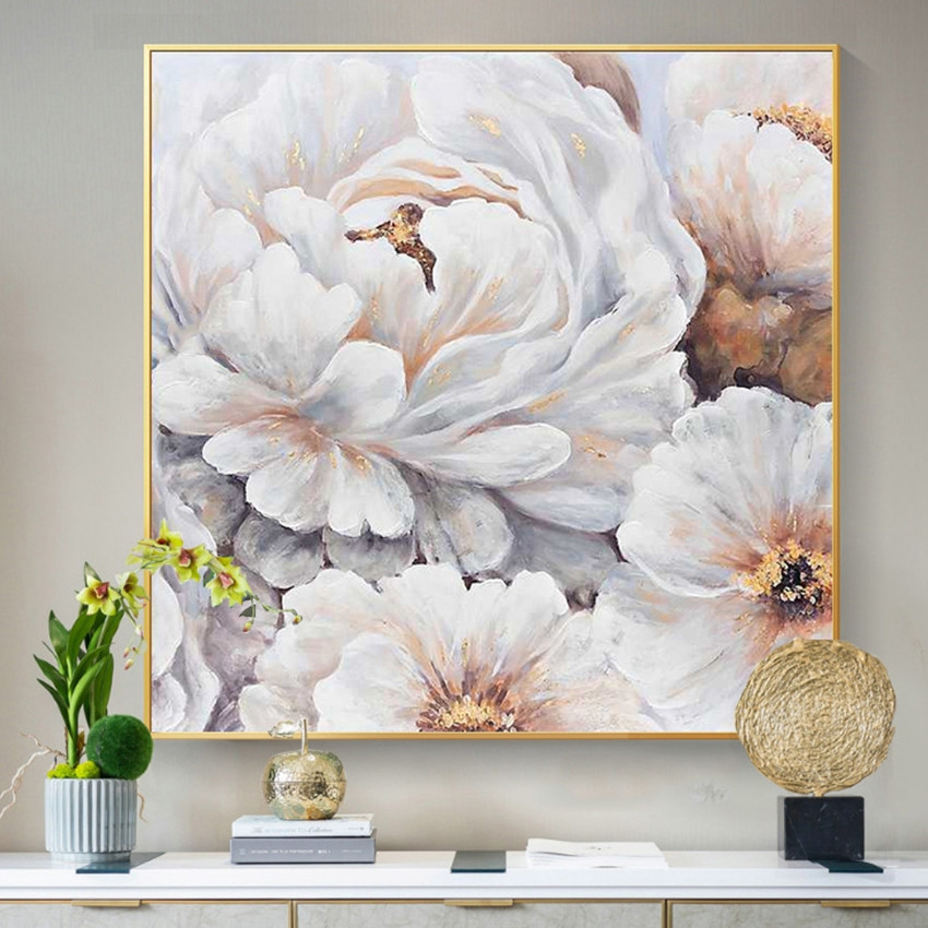 Pintura al óleo de pared de flores blancas sin marco
