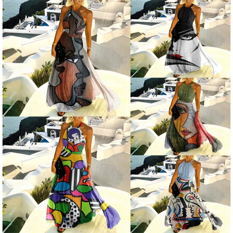 Vestido de encaje plisado con cuello halter y estampado para mujer