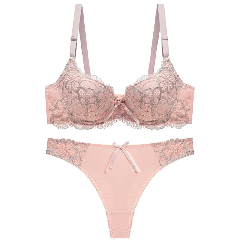 Conjunto de sujetador ajustable con sujetador push up de encaje y ropa interior