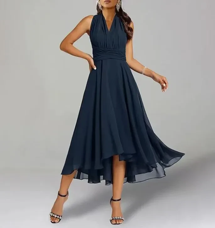 Vestido de mujer de gasa con cuello en V y patchwork