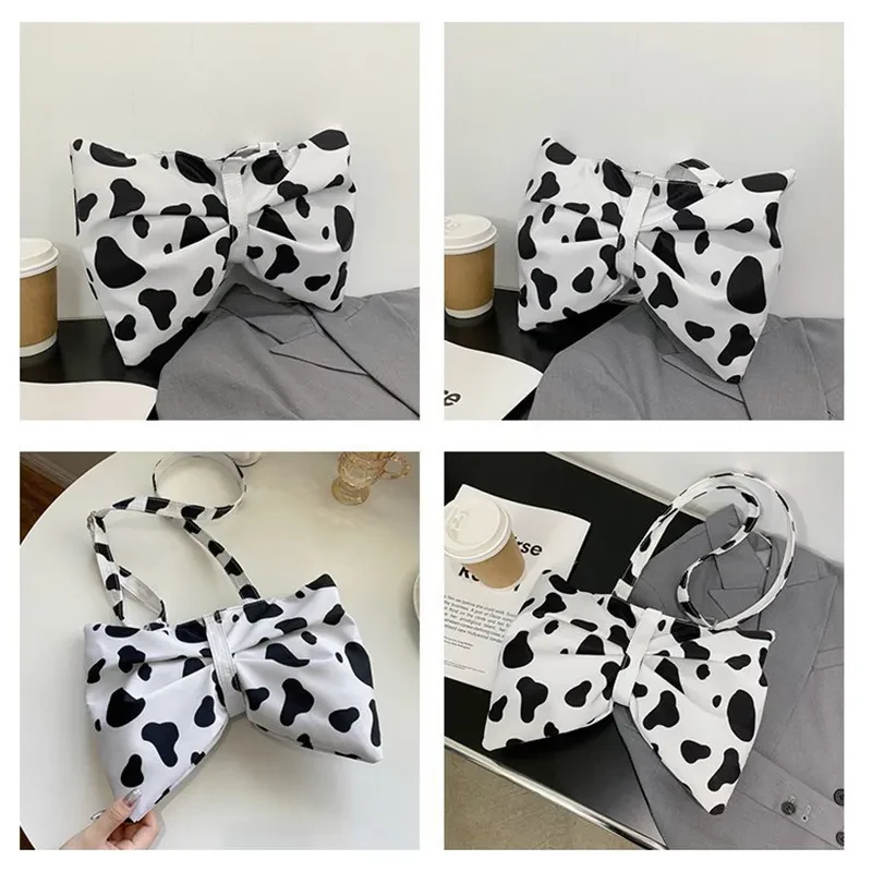 Bolso de hombro grande con lazo a la moda para niñas, bonito bolso cruzado con estampado de vaca, bonito bolso de compras para mujer.