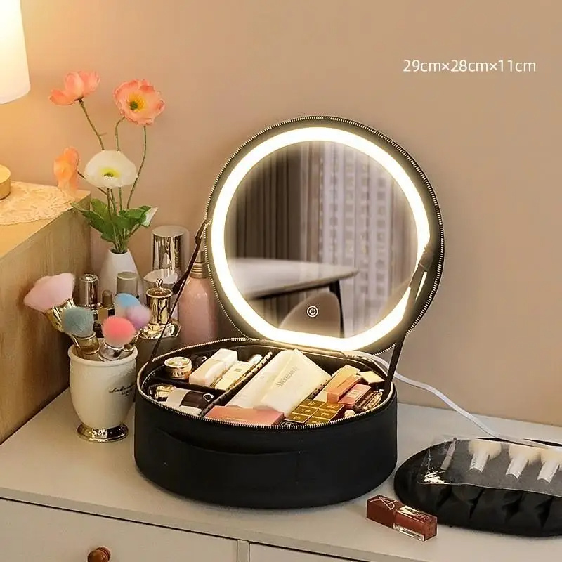 Bolsa de maquillaje redonda inteligente con luces LED y espejo, bolso de belleza para mujer, organizador de viaje de piel sintética de gran capacidad, estuche para cosméticos