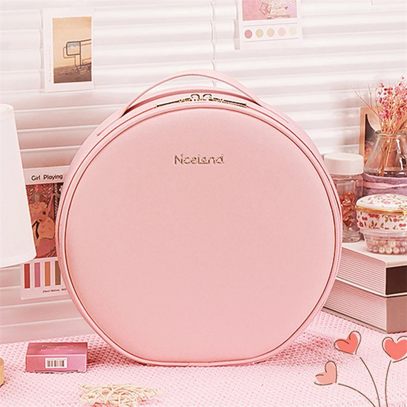 Bolsa de maquillaje redonda inteligente con luces LED y espejo, bolso de belleza para mujer, organizador de viaje de piel sintética de gran capacidad, estuche para cosméticos