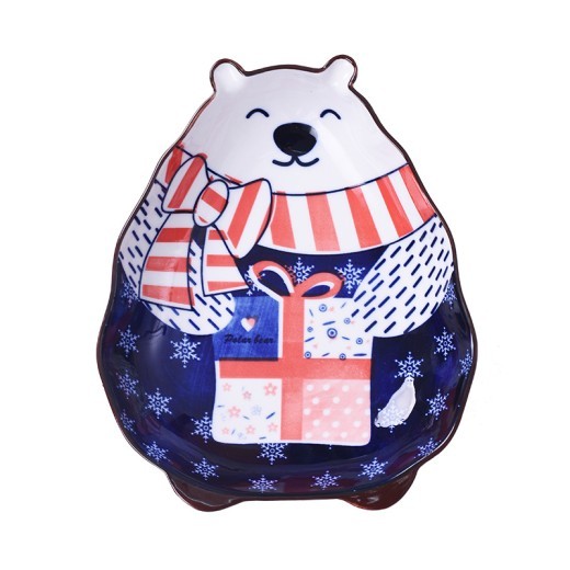 Plato hondo de oso polar con dibujos animados pintados a mano para hornear con forma de animal