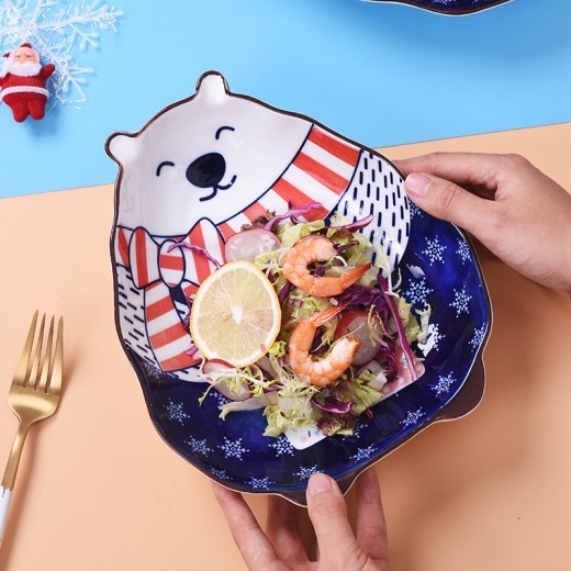 Plato hondo de oso polar con dibujos animados pintados a mano para hornear con forma de animal