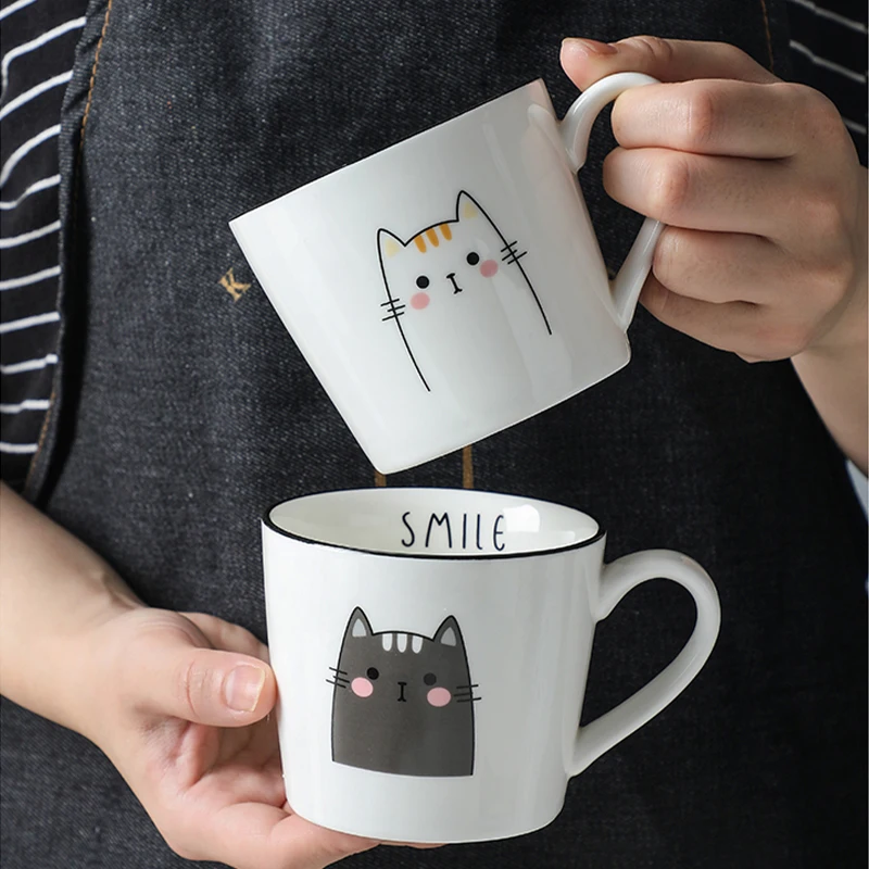 Taza de café de cerámica con leche para desayuno, taza de café creativa con personalidad de pareja, diseño de gato de dibujos animados, utensilios de cocina