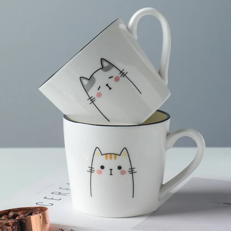 Taza de café de cerámica con leche para desayuno, taza de café creativa con personalidad de pareja, diseño de gato de dibujos animados, utensilios de cocina