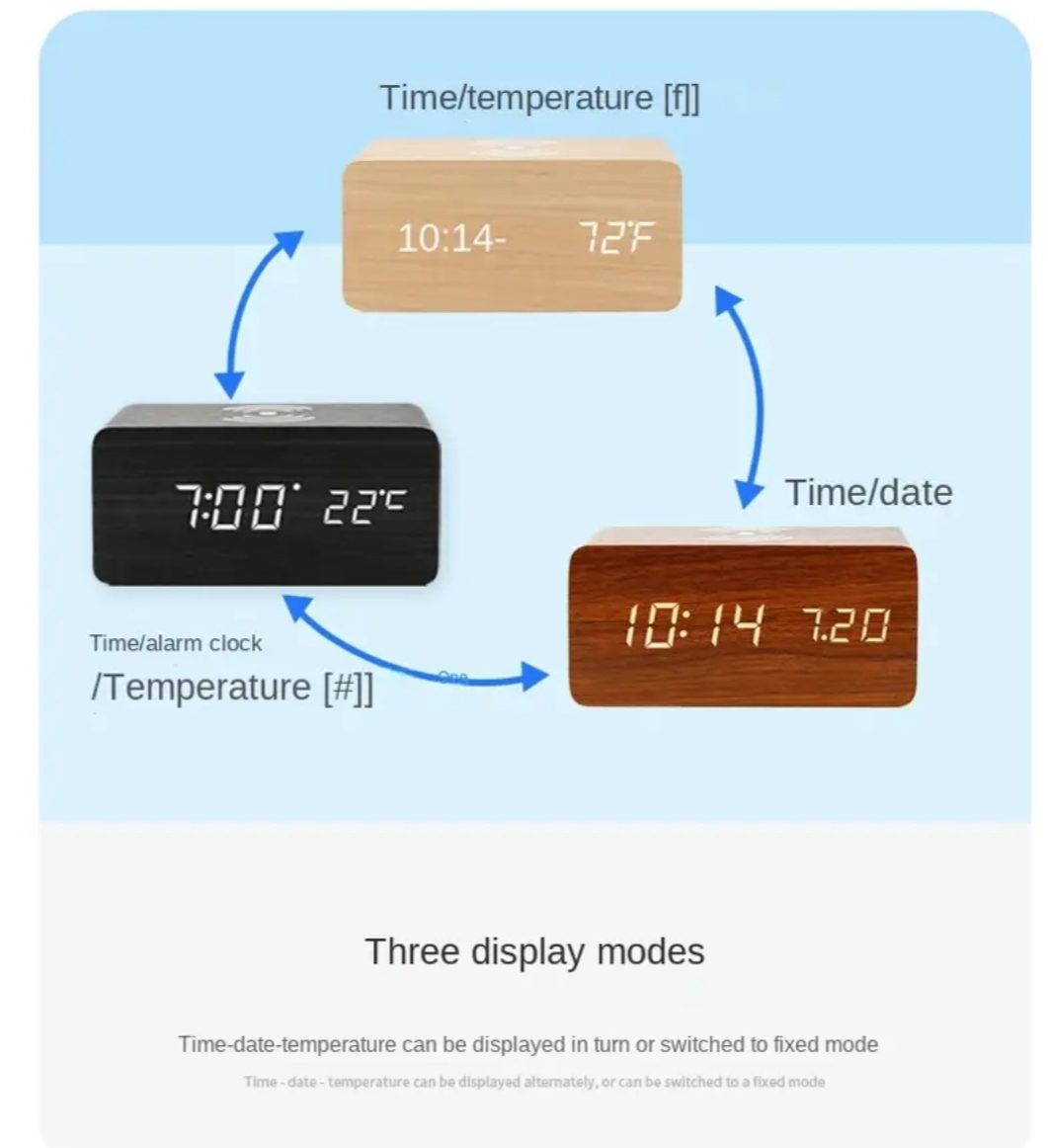 IMPRESIONANTE RELOJ DESPERTADOR CON VETAS DE MADERA Y CARGADOR INALÁMBRICO EN LA PARTE SUPERIOR, ALIMENTACIÓN USB