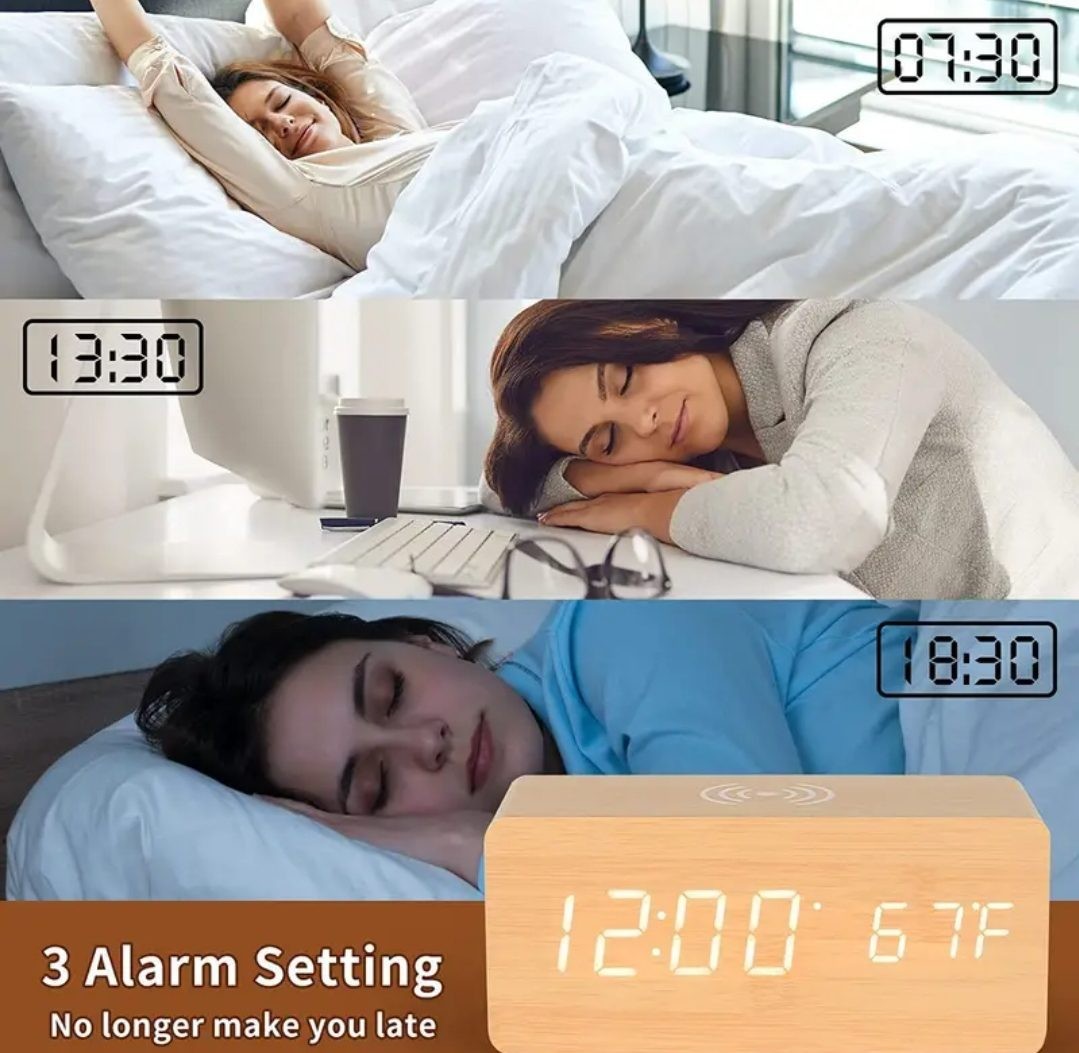 IMPRESIONANTE RELOJ DESPERTADOR CON VETAS DE MADERA Y CARGADOR INALÁMBRICO EN LA PARTE SUPERIOR, ALIMENTACIÓN USB