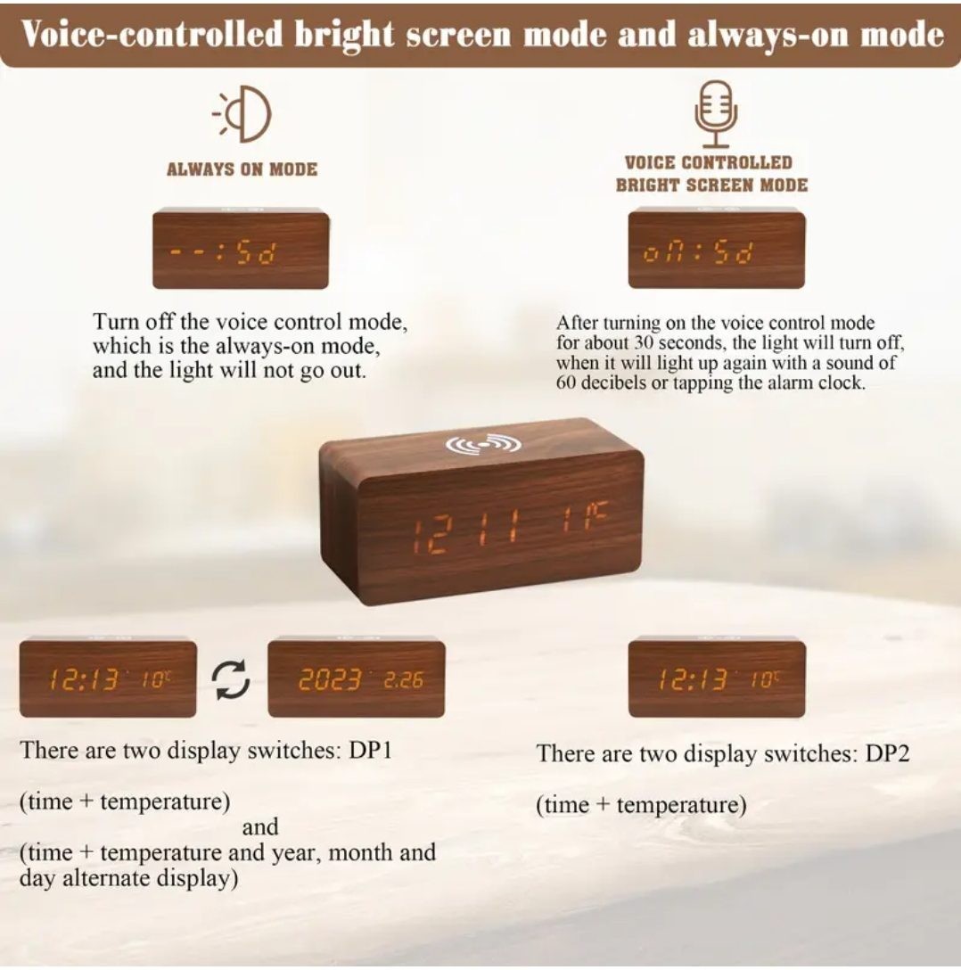 IMPRESIONANTE RELOJ DESPERTADOR CON VETAS DE MADERA Y CARGADOR INALÁMBRICO EN LA PARTE SUPERIOR, ALIMENTACIÓN USB