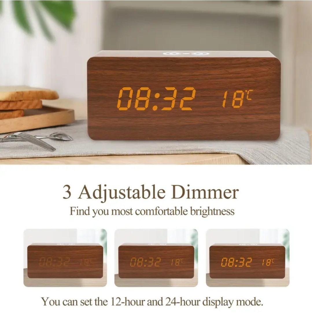 IMPRESIONANTE RELOJ DESPERTADOR CON VETAS DE MADERA Y CARGADOR INALÁMBRICO EN LA PARTE SUPERIOR, ALIMENTACIÓN USB