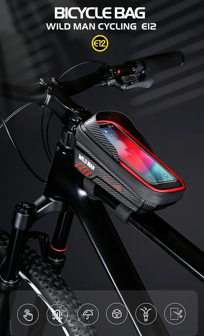 Bolsa delantera para cuadro de bicicleta WILD MAN, impermeable, con funda para teléfono con pantalla táctil, rígida de 17,27 cm, para accesorios de MTB