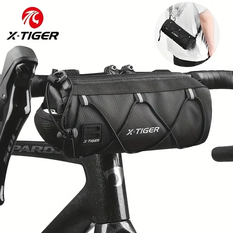 Bolsa de manillar X-TIGER con correa ajustable - Tejido de nailon, mochila frontal impermeable para ciclismo con banda reflectante de seguridad, equipo versátil para exteriores, convertible a mochila de hombro