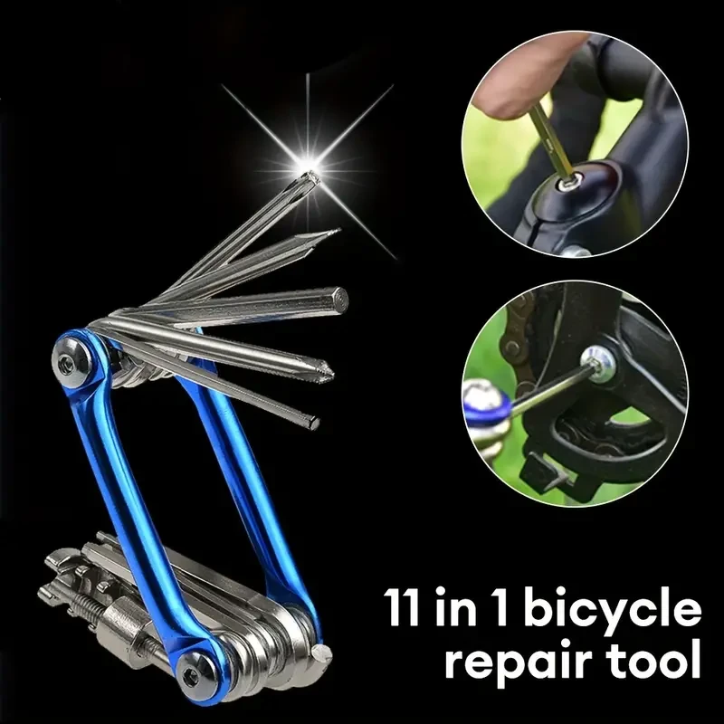 Kit de reparación de bicicletas 11 en 1 multifuncional, incluye llave inglesa, destornillador, cadena y radios hexagonales.