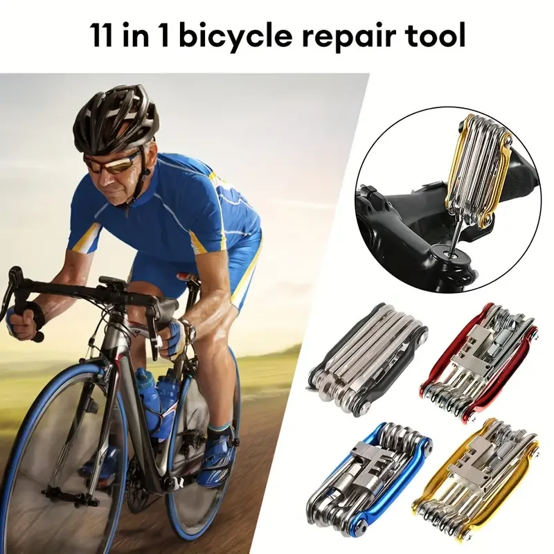 Kit de reparación de bicicletas 11 en 1 multifuncional, incluye llave inglesa, destornillador, cadena y radios hexagonales.