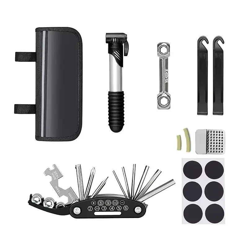 Kit de herramientas para reparación de bicicletas de montaña con inflador de neumáticos, juego de herramientas hexagonales, palancas y llaves para neumáticos - Aleación de aluminio, color negro