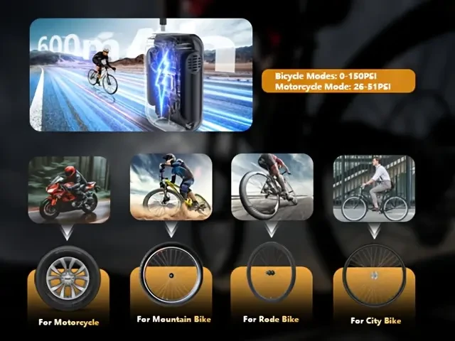 Bomba de bicicleta automática recargable por USB, minibomba de aire portátil de 150 PSI con indicador LCD digital, carga tipo C, diseño compacto, para bicicletas, motocicletas y equipos deportivos.