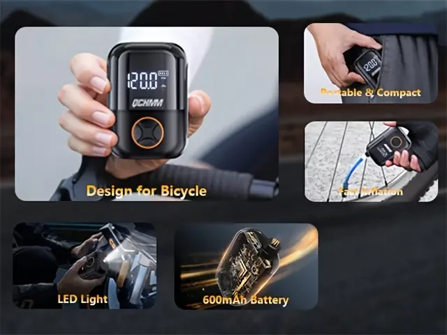 Bomba de bicicleta automática recargable por USB, minibomba de aire portátil de 150 PSI con indicador LCD digital, carga tipo C, diseño compacto, para bicicletas, motocicletas y equipos deportivos.