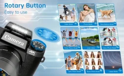 Cámara de vlogueo 4K, cámara digital de 64 MP para fotografía con pantalla táctil de 10,16 cm, cámaras duales (delantera y trasera), zoom digital de 16x y función wifi, tarjeta SD de 32 GB y funda para cámara.