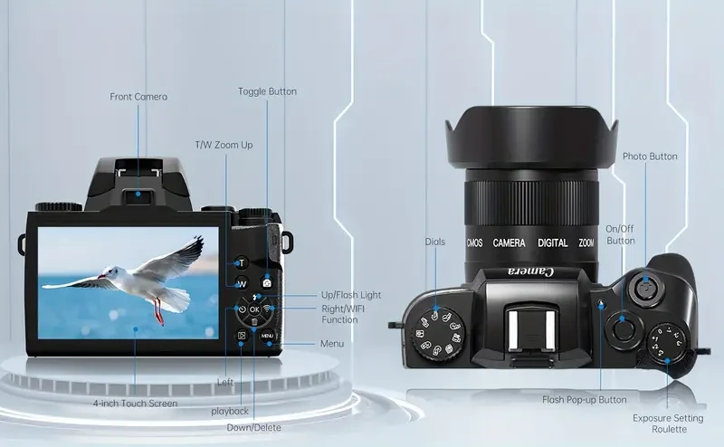 Cámara de vlogueo 4K, cámara digital de 64 MP para fotografía con pantalla táctil de 10,16 cm, cámaras duales (delantera y trasera), zoom digital de 16x y función wifi, tarjeta SD de 32 GB y funda para cámara.