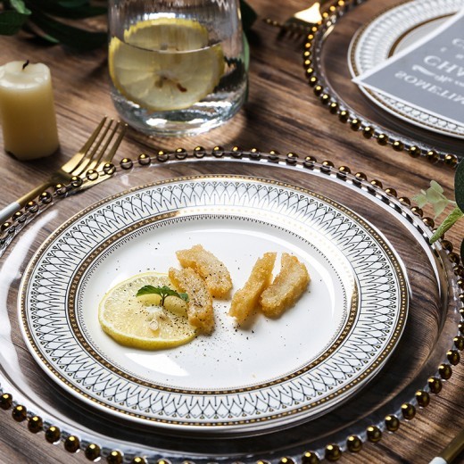 Plato de estilo europeo Plato oscilante Plato chapado en oro Cuentas de vidrio Plato de puntos de cerámica