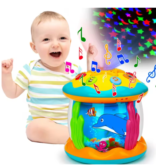 Luz, música, proyección, tambor de palmas con forma de caballo de madera relajante, juguete, tambor de palmas de rompecabezas para bebés y niños.