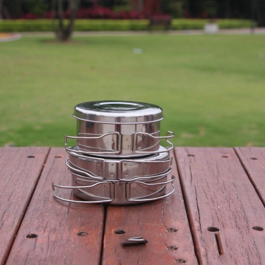 Juego de ollas de acero inoxidable para exteriores, juego de ollas portátiles para acampar