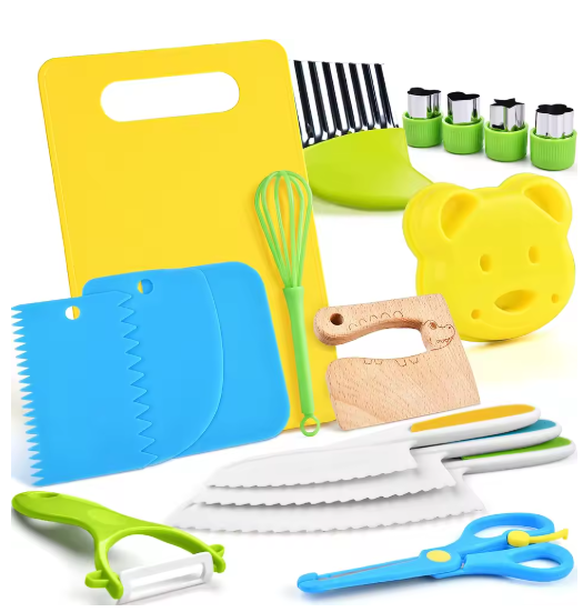17 piezas de juegos de cocina para niños Montessori, utensilios de cocina de cocina real para niños pequeños, cuchillos seguros para niños de 2/3/4/5/6/7/8 años