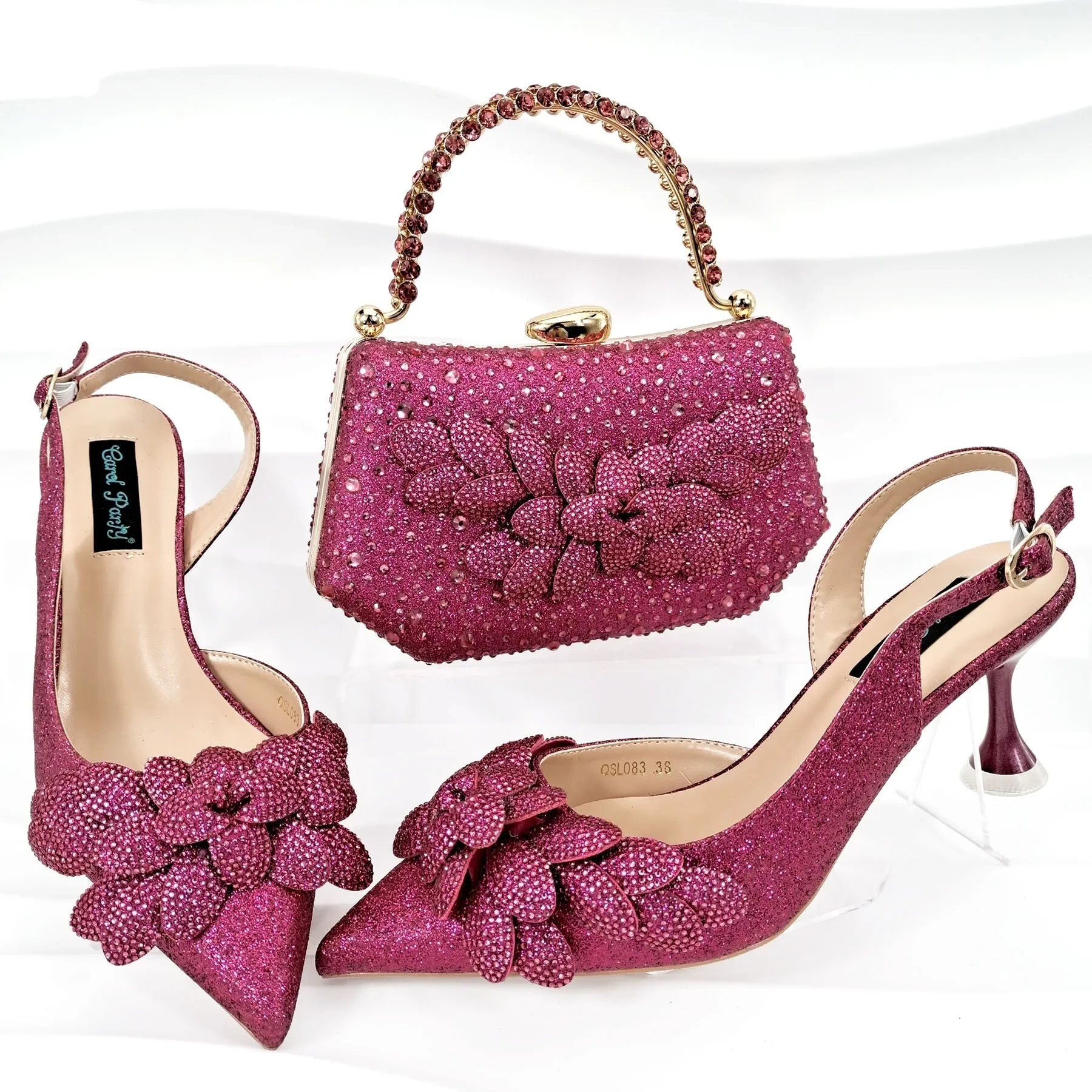 Conjunto de zapatos y bolsos de fiesta para damas transfronterizos, hechos a mano, con hojas decorativas y copas de vino.