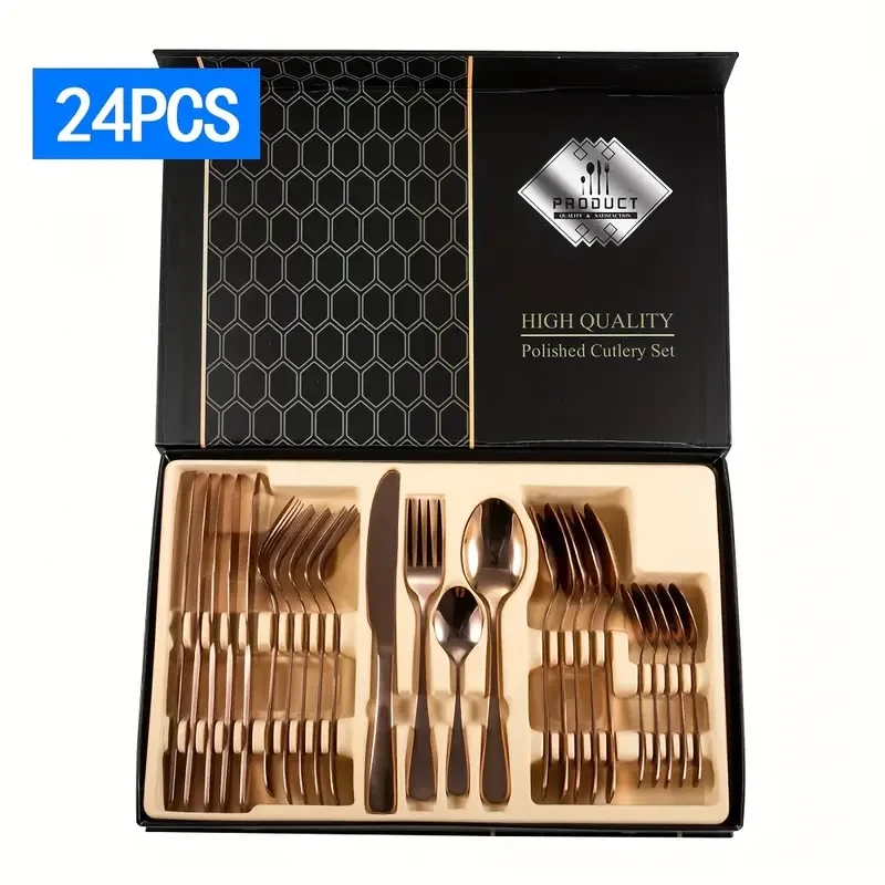 Elegante juego de cubiertos de acero inoxidable de 24 piezas en color oro rosa
