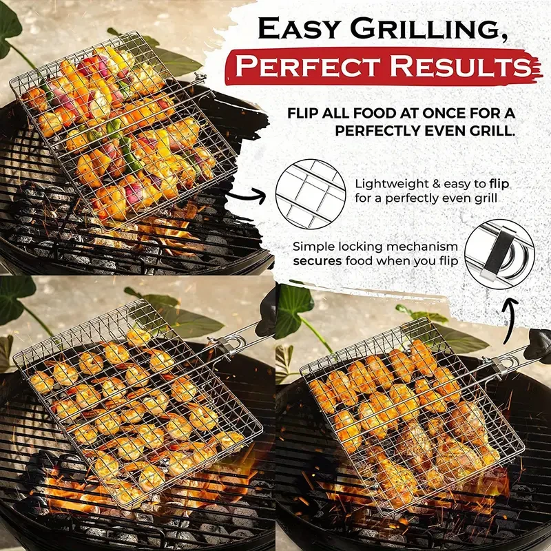 Cesta para asar barbacoa antiadherente de acero inoxidable de gran capacidad con asa, ideal para asar pollo y otras carnes. Suministros de cocina, accesorios de cocina, accesorios para barbacoa.
