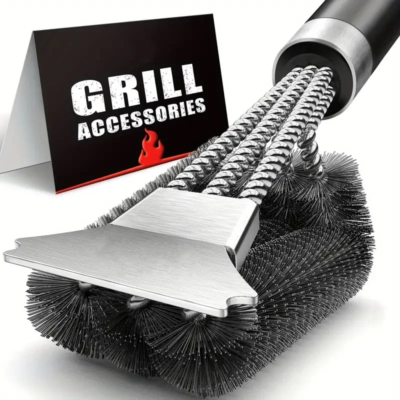 Cepillo y raspador para parrilla TFS 3 en 1: acero inoxidable con cerdas de alambre de triple capa para una limpieza eficiente. Accesorio esencial para cocinar al aire libre.
