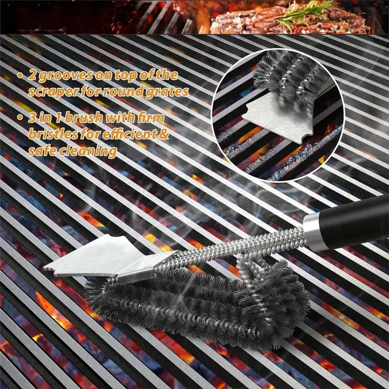 Cepillo y raspador para parrilla TFS 3 en 1: acero inoxidable con cerdas de alambre de triple capa para una limpieza eficiente. Accesorio esencial para cocinar al aire libre.