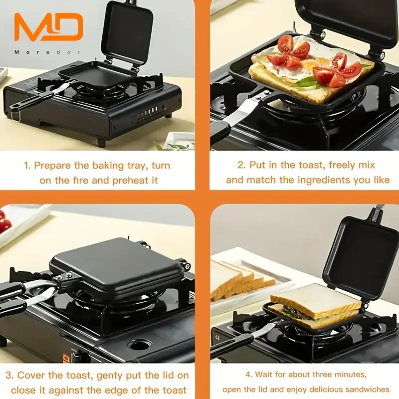 Sándwichera antiadherente de doble cara Moredor: perfecta para sándwiches de queso a la plancha, tostadas y tortillas. Ideal para acampar al aire libre y usar en la cocina.