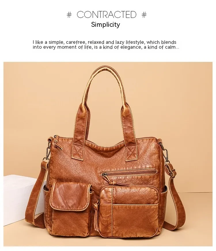 Bolso de mano minimalista retro elegante para mujer, informal, ligero y de piel lavada, combinable con todo.