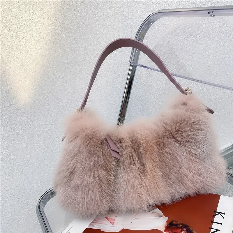 Bolso de mano para mujer con costuras de piel de zorro y diseño novedoso con cremallera