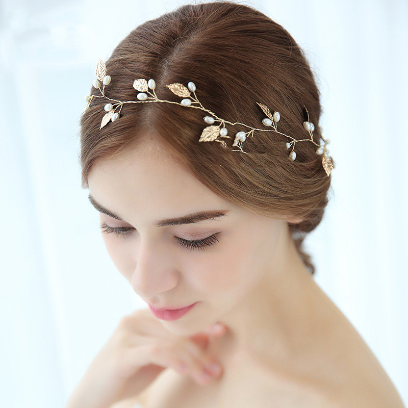 Tocado de novia con hojas doradas, diadema de boda europea y americana