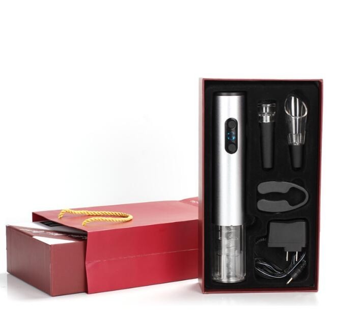 Kit de accesorios para vino tinto, abridor de vino eléctrico, cortador, tapón de vacío, aireador y vertedor de vino.