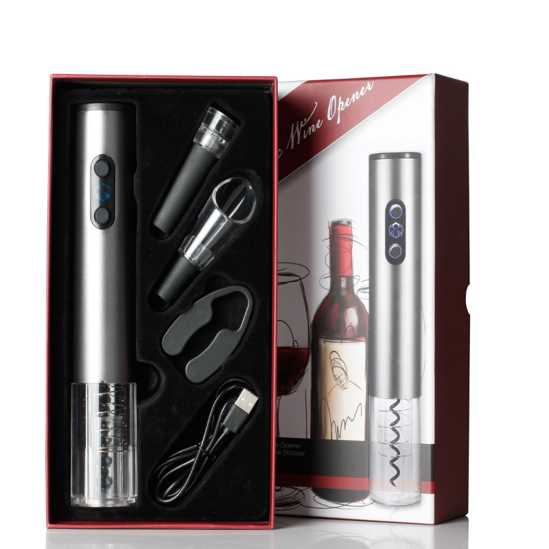 Kit de accesorios para vino tinto, abridor de vino eléctrico, cortador, tapón de vacío, aireador y vertedor de vino.