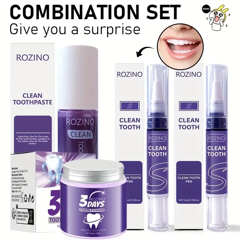Set de cuidado dental morado de 4 piezas: pasta de dientes, polvos y lápiz blanqueador