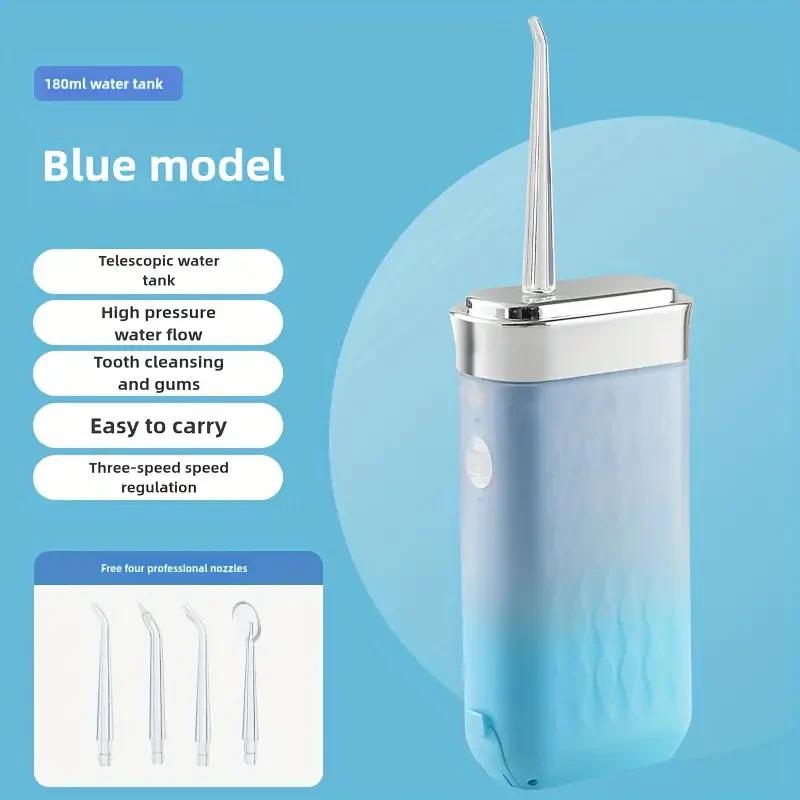 Irrigador bucal eléctrico portátil modelo azul, recargable, de mano, para el cuidado bucal.