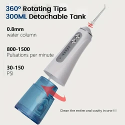 Irrigador bucal recargable, 8 boquillas, rotación de 360°, capacidad de 300 ml.